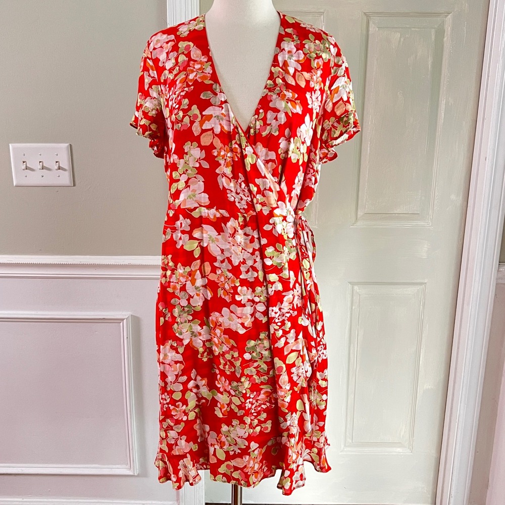 J. Jill Wrap Dress S Women Floral Short Sleeve Ruffle Hem Orange Red Summer